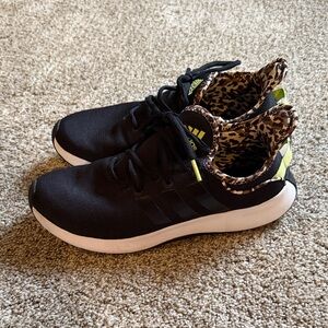 adidas Black Lace-Up Sneakers with Leopard-Print Lining and Neon Yellow Details